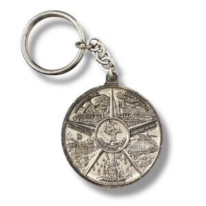 Walt Disney World Magic Kingdom Lands Coin Medallion Keychain Silver VTG